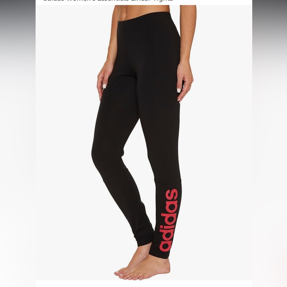 adidas Essential Linear Logo Black & Red Leggings Tights L